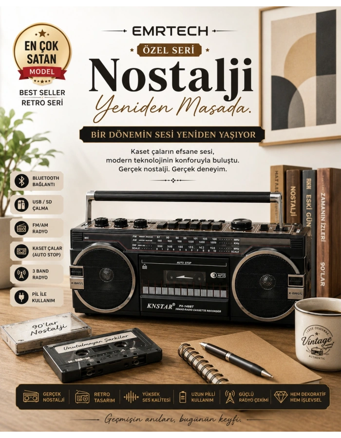 KNSTAR 149BT Nostaljik Kasetçalar Bluetooth – Çift Hoparlörlü Retro Kaset Çalar Radyo