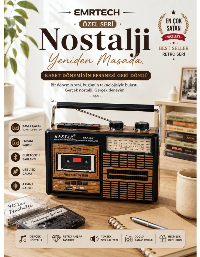 KNSTAR 319BT Nostaljik Kasetçalar Bluetooth – Retro Radyo Kaset Çalar