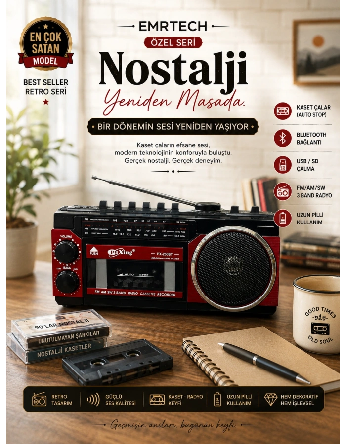 PuXing PX-250BT Bluetooth’lu Nostaljik Kasetçalar Radyo | USB/SD Destekli Toptan Satış
