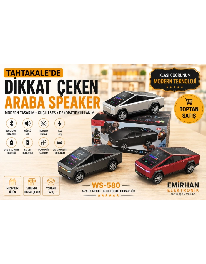 WS-580 Tesla Cybertruck Araba Şeklinde Bluetooth Hoparlör Işıklı Speaker