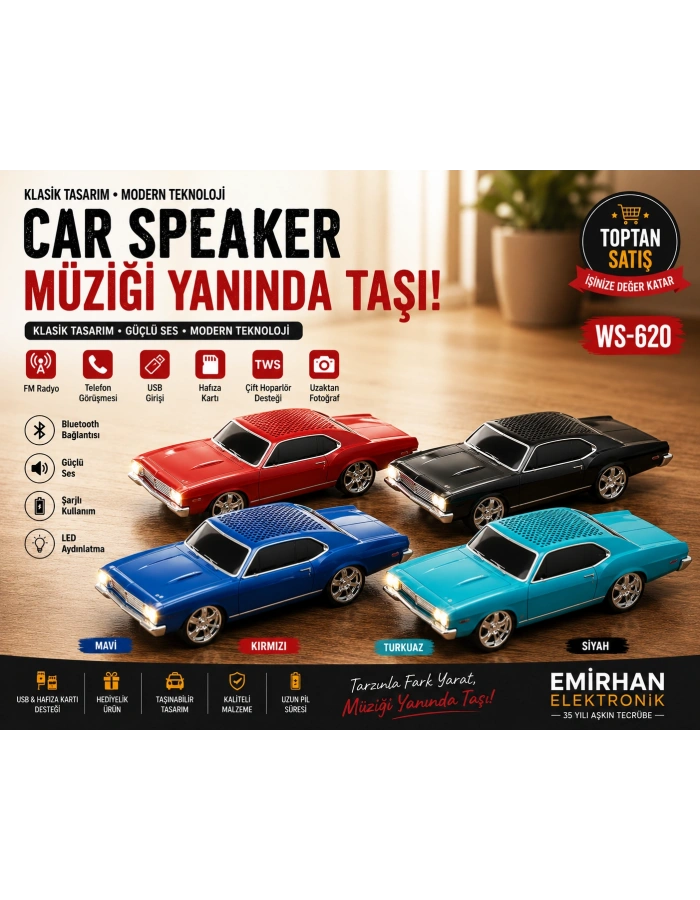 WS-620 Oto Tasarımlı Bluetooth Hoparlör Nostaljik Araba Speaker 4 Renk Toptan Satış