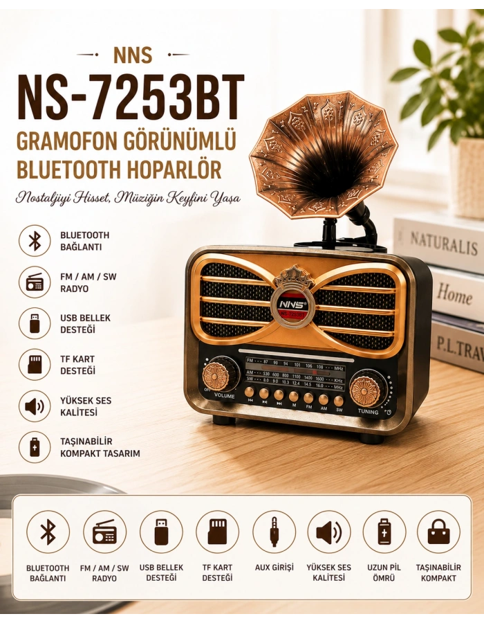 NNS NS-7253BT Gramofon Görünümlü Bluetooth Hoparlör FM AM SW Nostaljik Radyo Toptan