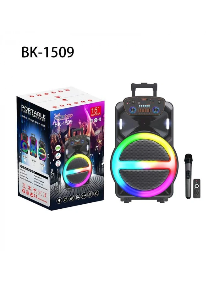 BK 1509 BLUETOOTH SD,USB GİRİŞLİ TEK MİKROFONLU RGB IŞIKLI SPEAKER 15 İNÇ