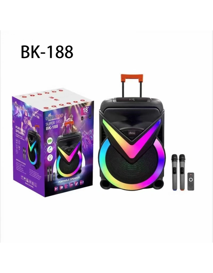 BK 188 BLUETOOTH SD,USB GİRİŞLİ ÇİFT MİKROFONLU RGB IŞIKLI SPEAKER 18 İNÇ