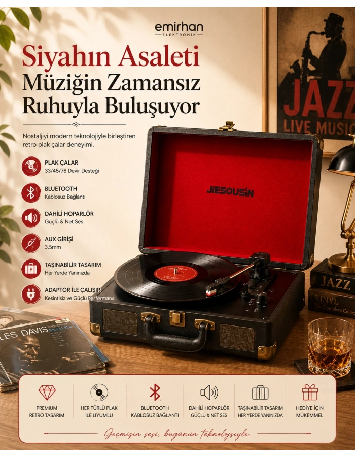 Siyah Retro Bavul Plak Çalar – Bluetooth Destekli Premium Taşınabilir Pikap