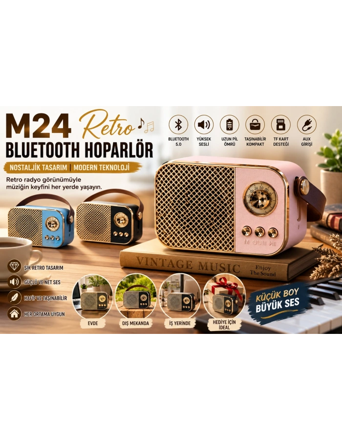 M24 Retro Bluetooth Hoparlör Nostaljik Radyo Tasarımlı Taşınabilir Kablosuz Speaker Toptan