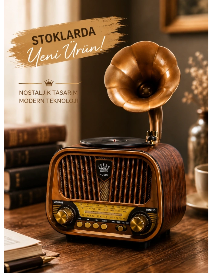 Meier MD-1319BT Gramofon Görünümlü Bluetooth Hoparlör FM AM SW Radyo USB TF Kart Destekli