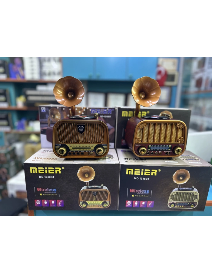 Meier MD-1319BT Gramofon Görünümlü Bluetooth Hoparlör FM AM SW Radyo USB TF Kart Destekli