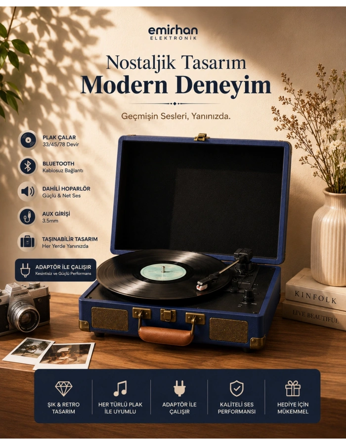 Nostaljik Bavul Plak Çalar – Bluetooth Destekli Mavi Retro Pikap