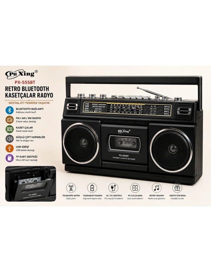 Pu Xing PX-555BT Retro Bluetooth Kasetçalar Radyo – Nostaljik Boombox Hoparlör