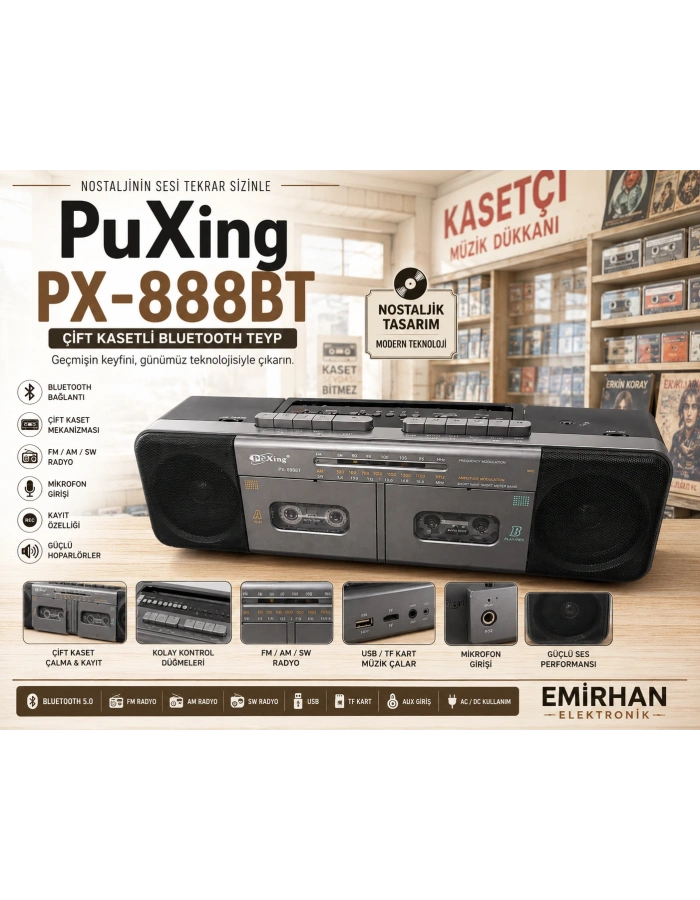 PuXing PX-888BT Çift Kasetli Bluetooth Teyp FM AM SW Radyo Nostaljik Kasetçalar