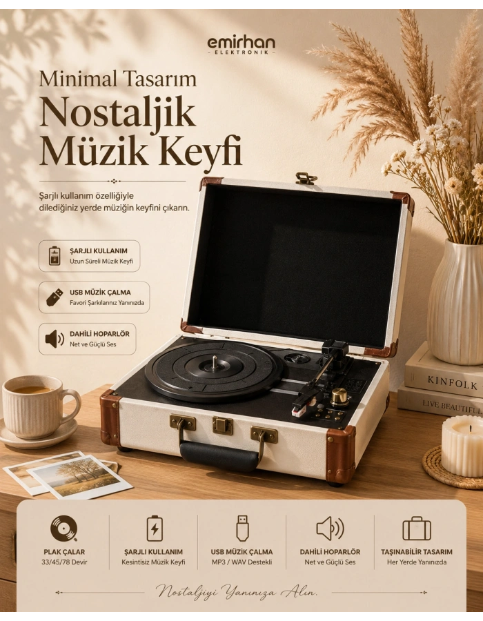 Şarjlı USB Destekli Taşınabilir Bavul Tipi Plak Çalar – Beyaz Retro Tasarım