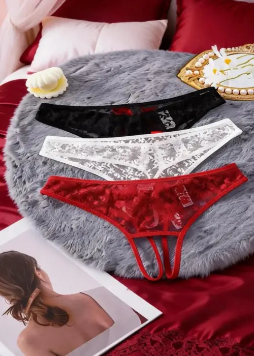 Kadın 3’lü Seksi Ağ Bölgesi Açık Dantelli Tanga Seti