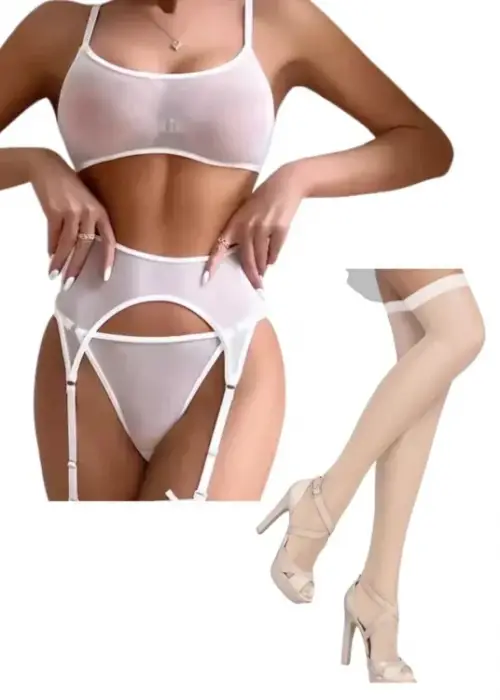 Fantezi Beyaz Transparan Tül Jartiyer Takımı
