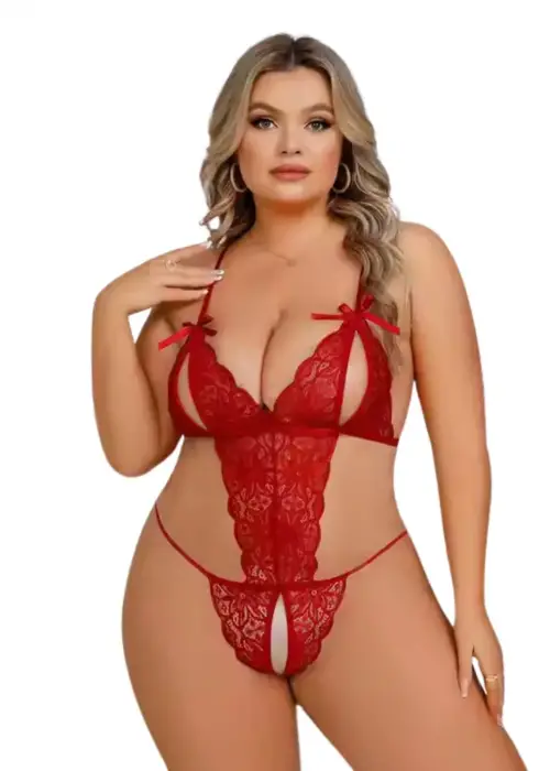 Fantezi Büyük Beden Kırmızı Dantelli Babydoll