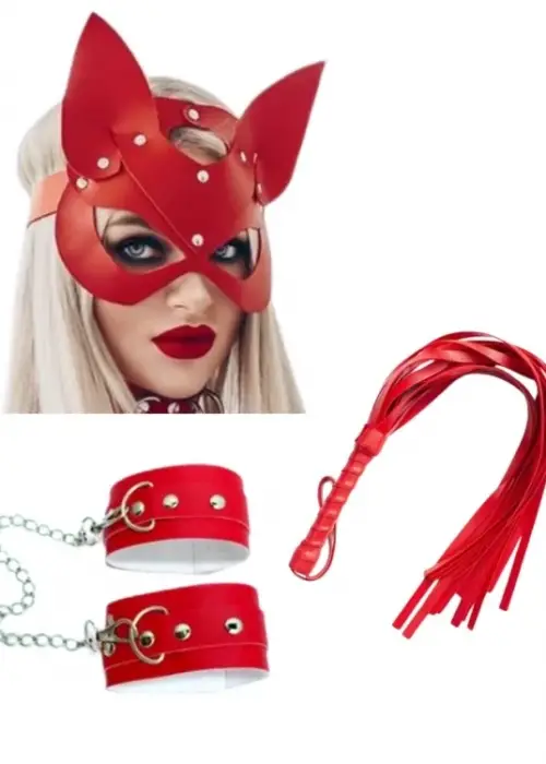 Fantezi Deri Seksi Kırmızı Kedi Maske Kelepçe Kırbaç Seti ( 3’lü set)