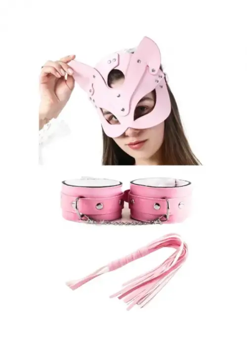 Fantezi Deri Seksi Pembe Kedi Maske Kelepçe Kırbaç Seti ( 3’lü set)