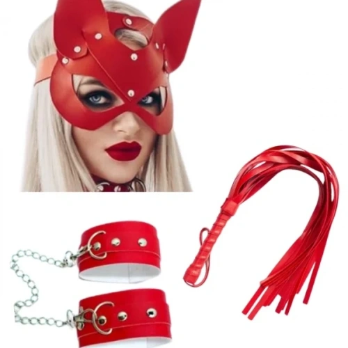 Fantezi Deri Seksi Kırmızı Kedi Maske Kelepçe Kırbaç Seti ( 3’lü set)