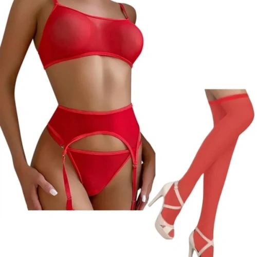 Fantezi Kırmızı Transparan Tül Jartiyer Takımı