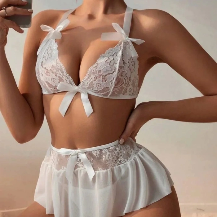 Fantazi BEYAZ Dantelli Fiyonklu Seksi Babydoll