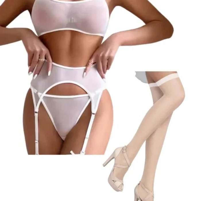 Fantezi Beyaz Transparan Tül Jartiyer Takımı