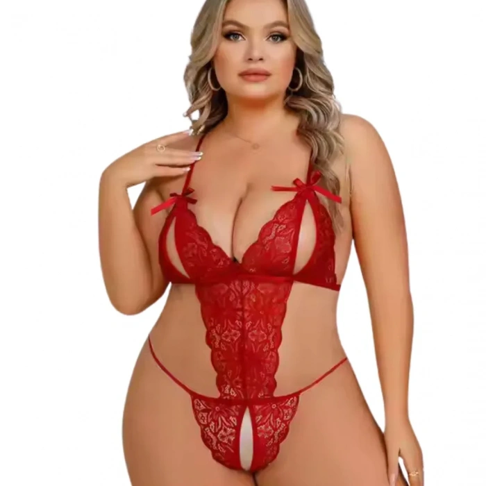 Fantezi Büyük Beden Kırmızı Dantelli Babydoll