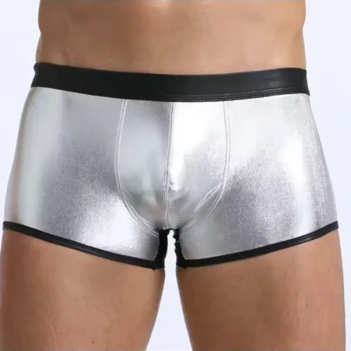Fantezi Deri Görünümlü Gümüş Erkek Boxer Tanga