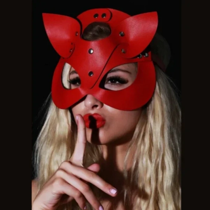 Fantezi Deri Seksi Kırmızı Kedi Maskesi