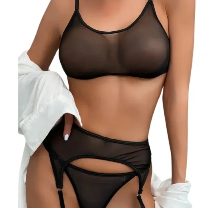 Fantezi Siyah Transparan Tül Jartiyer Takımı