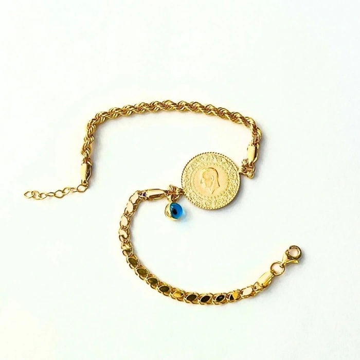 14 Ayar Pullu Halat Çeyrekli Bileklik