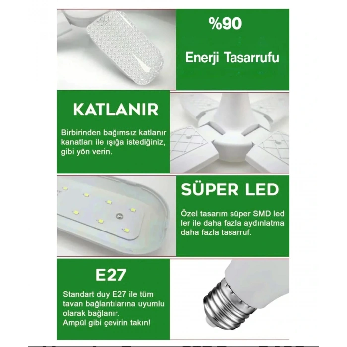 65W E27 KRİSTAL KATLANABİLİR PERVANE MODEL LED AMPUL 4+1 KANATLI LED AMPUL 6000 LÜMEN