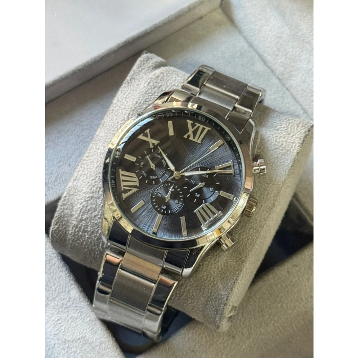 Gümüş Çelik Kordon Erkek Kol Saati Takvimli Siyah Kadran Özel Kutusunda