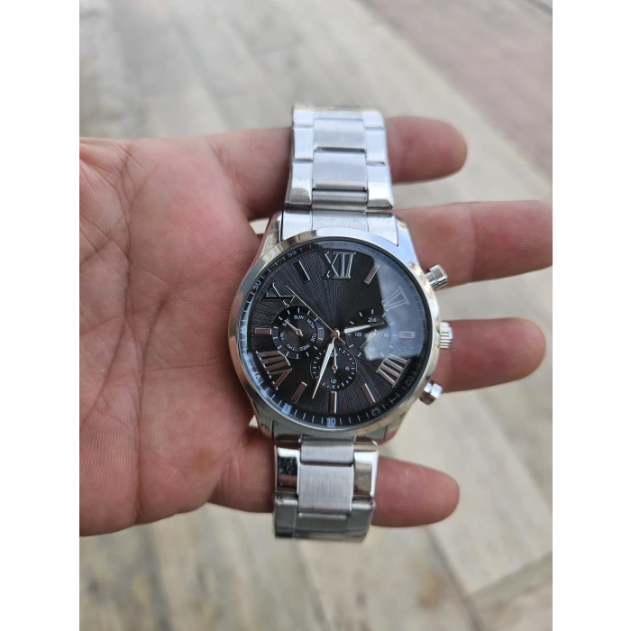 Gümüş Çelik Kordon Erkek Kol Saati Takvimli Siyah Kadran Özel Kutusunda