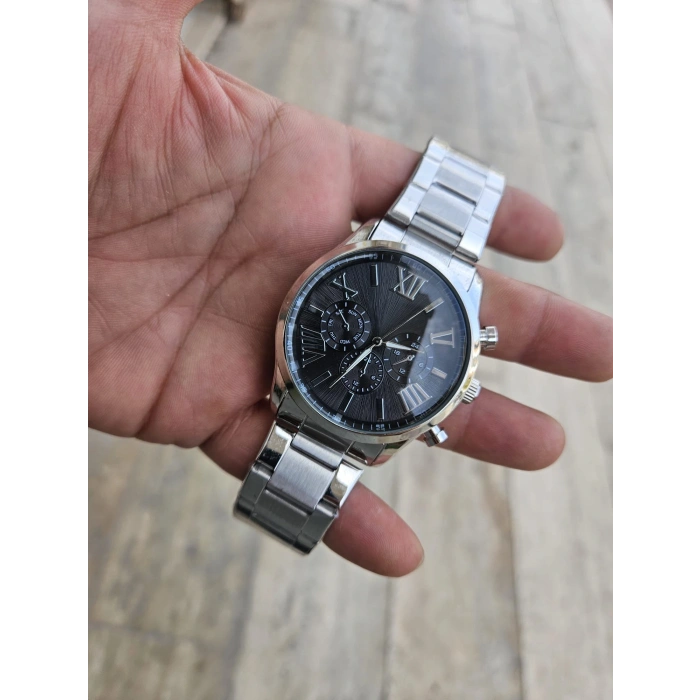 Gümüş Çelik Kordon Erkek Kol Saati Takvimli Siyah Kadran Özel Kutusunda