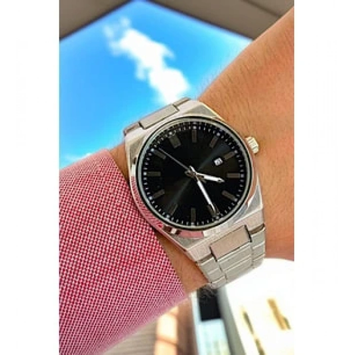 Gümüş Çelik Kordon Erkek Kol Saati Takvimli Siyah Kadran Özel Kutusunda