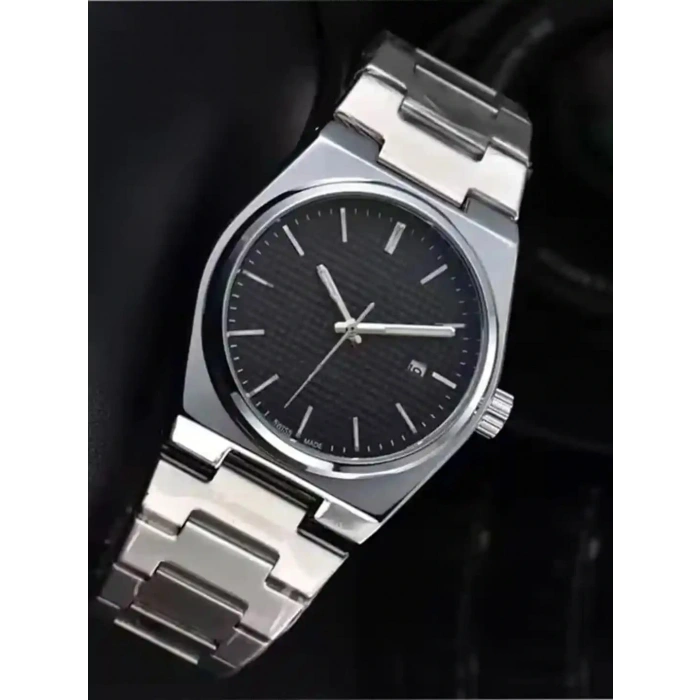 Gümüş Çelik Kordon Erkek Kol Saati Takvimli Siyah Kadran Özel Kutusunda