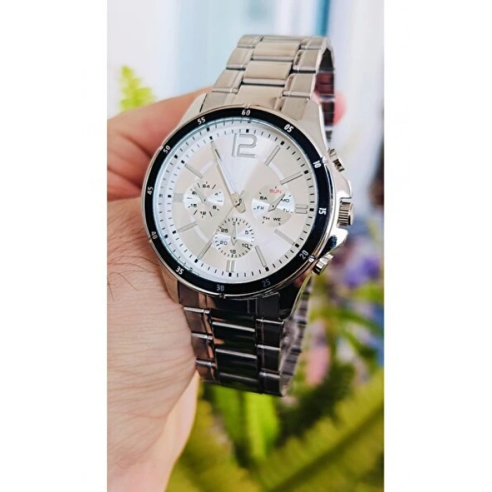 Gümüş Çelik Kordon Erkek Kol Saati Takvimli Beyaz Kadran Özel Kutusunda