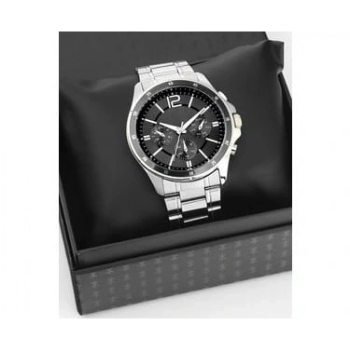 Gümüş Çelik Kordon Erkek Kol Saati Takvimli Siyah Kadran Özel Kutusunda