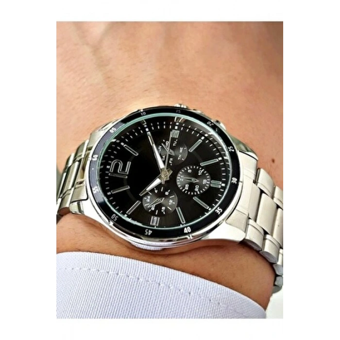 Gümüş Çelik Kordon Erkek Kol Saati Takvimli Siyah Kadran Özel Kutusunda