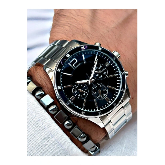 Gümüş Çelik Kordon Erkek Kol Saati Takvimli Siyah Kadran Özel Kutusunda