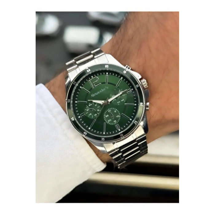 Gümüş Çelik Kordon Erkek Kol Saati Takvimli Yeşil Kadran Özel Kutusunda