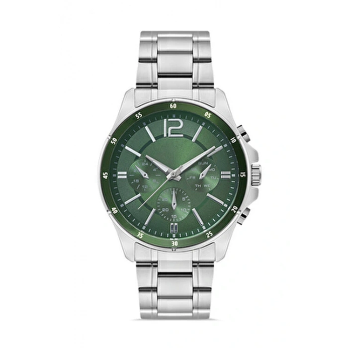 Gümüş Çelik Kordon Erkek Kol Saati Takvimli Yeşil Kadran Özel Kutusunda