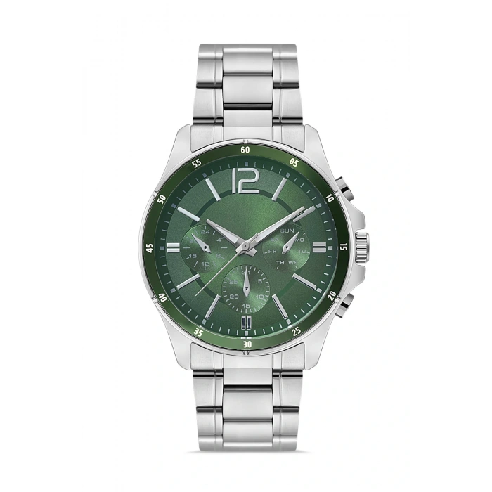 Gümüş Çelik Kordon Erkek Kol Saati Takvimli Yeşil Kadran Özel Kutusunda