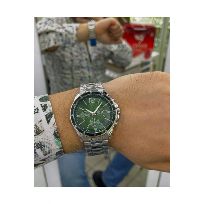 Gümüş Çelik Kordon Erkek Kol Saati Takvimli Yeşil Kadran Özel Kutusunda