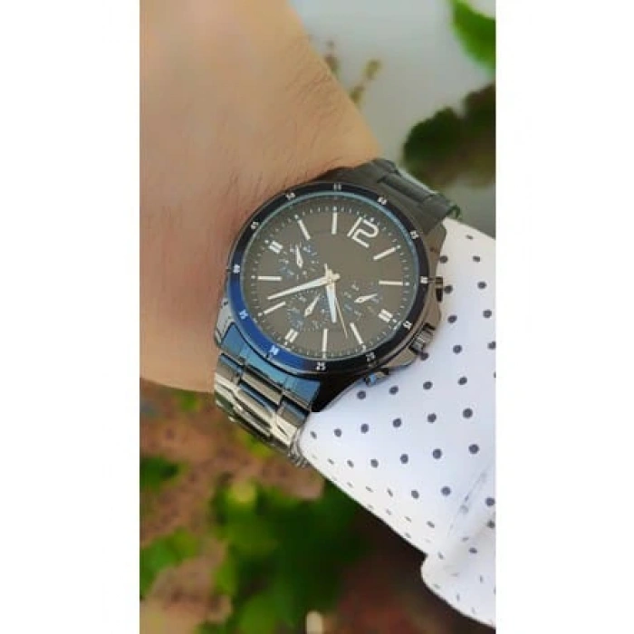 Siyah Çelik Kordon Erkek Kol Saati Takvimli Siyah Kadran Özel Kutusunda