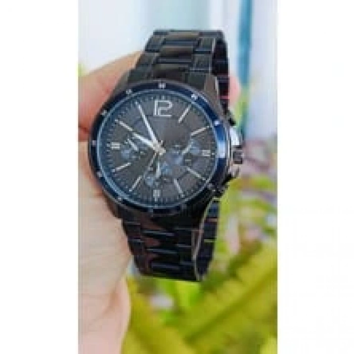 Siyah Çelik Kordon Erkek Kol Saati Takvimli Siyah Kadran Özel Kutusunda