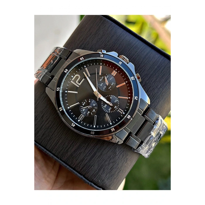 Siyah Çelik Kordon Erkek Kol Saati Takvimli Siyah Kadran Özel Kutusunda