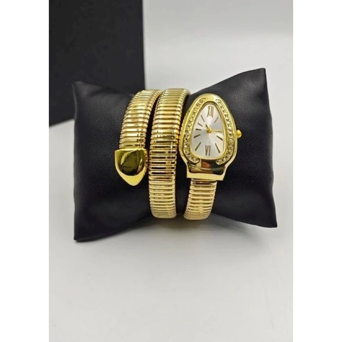 Altın Renk Beyaz Kadran Yılan Saat Dolamalı Saat