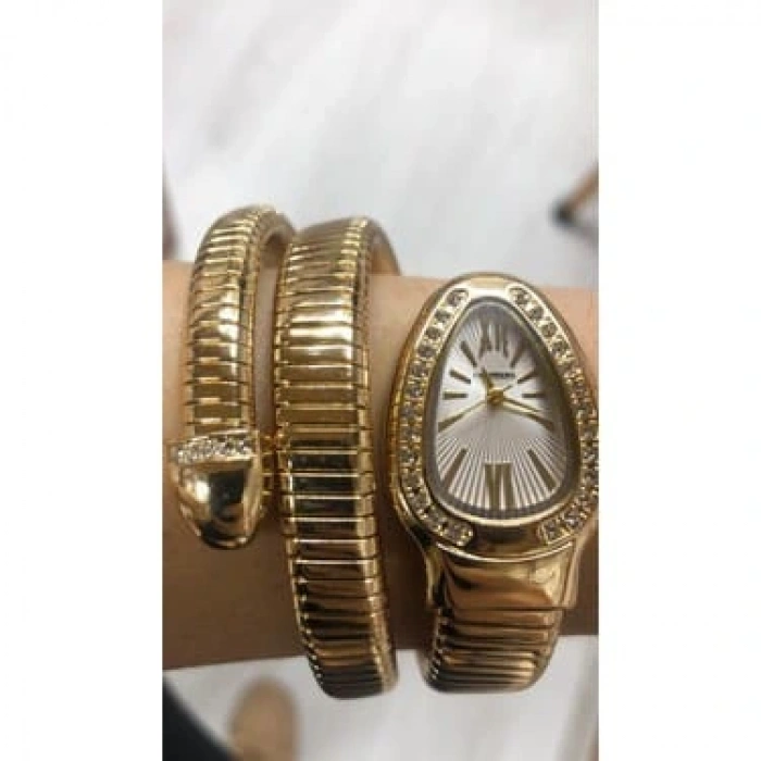 Altın Renk Beyaz Kadran Yılan Saat Dolamalı Saat