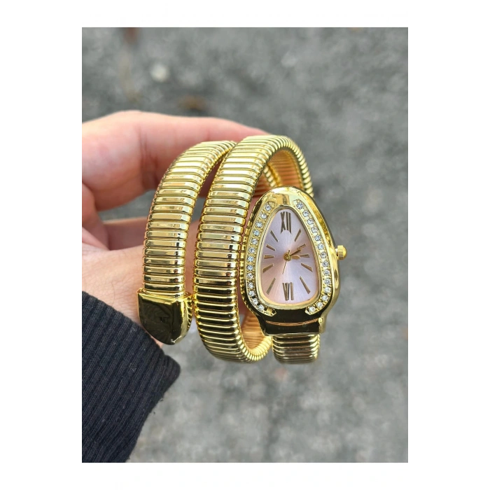 Altın Renk Beyaz Kadran Yılan Saat Dolamalı Saat